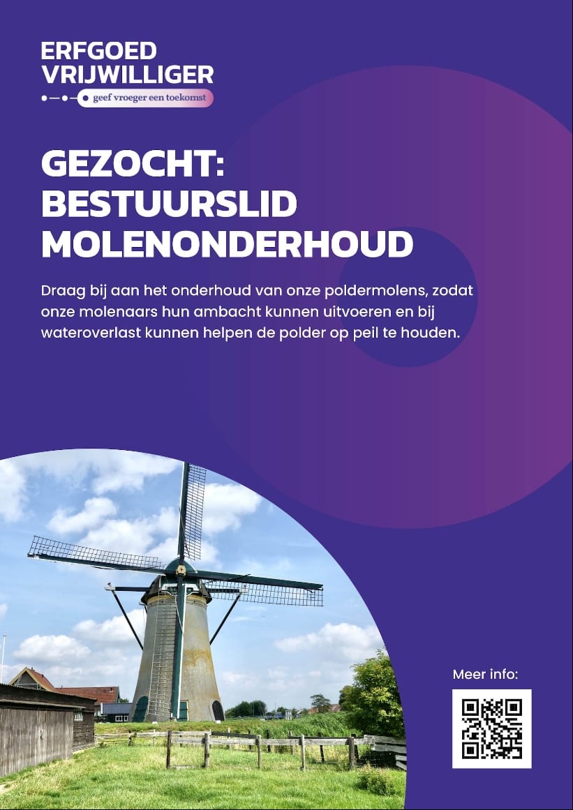 Een voorbeeldposter met daarop: gezocht: bestuurslid molenonderhoud, met een plaatje van een molen