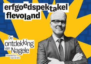 Een geel en blauw affiche met een man in pak