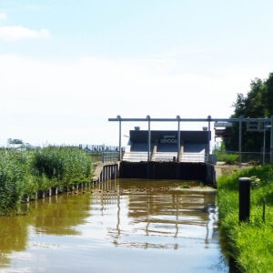 een gemaal in het water, met daarnaast riet